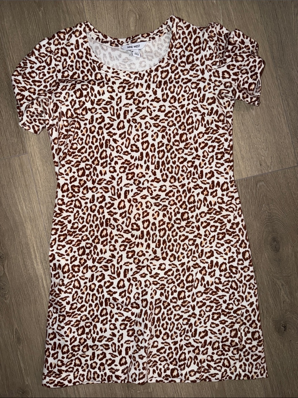 Nine West White and Brown Leopard Print Tee Dress